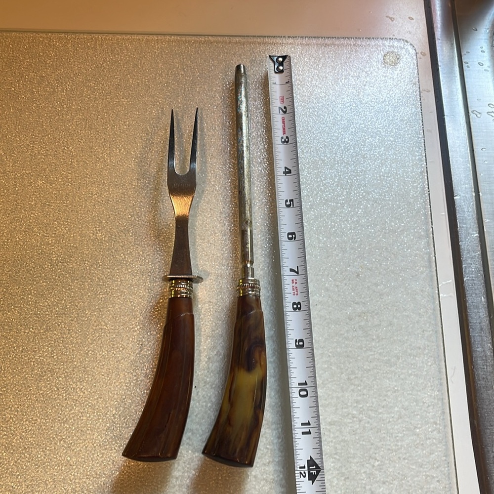Vintage Cast Steel Knife Sharpening /Can Opener, Fork Marbled Bakelite Handle - Picture 6 of 10